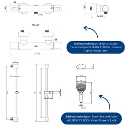 Mitigeur douche thermostatique VILLEROY ET BOCH Universal rond + Ensemble de douche Verve Showers 3 jets noir mat