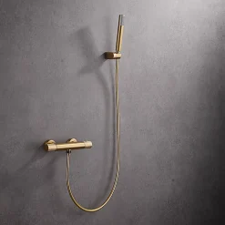 Mitigeur douche thermostatique or brosse en laiton avec support ABS et flexible PVC