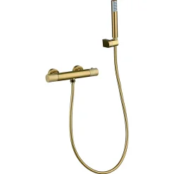 Mitigeur douche thermostatique or brosse en laiton avec support ABS et flexible PVC