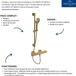Mitigeur douche thermostatique VILLEROY ET BOCH Universal rond + Ensemble de douche Verve Showers 3 jets Or brossé