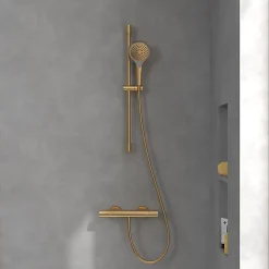 Mitigeur douche thermostatique VILLEROY ET BOCH Universal rond + Ensemble de douche Verve Showers 3 jets Or brossé
