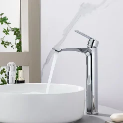 Mitigeur Lavabo Chromé Bec Haut Monocommande Robinet de Lavabo Eau Chaude et Froide pour Vasque à Poser Salle de Bain