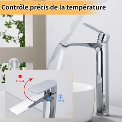 Mitigeur Lavabo Chromé Bec Haut Monocommande Robinet de Lavabo Eau Chaude et Froide pour Vasque à Poser Salle de Bain