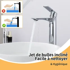 Mitigeur Lavabo Chromé Bec Haut Monocommande Robinet de Lavabo Eau Chaude et Froide pour Vasque à Poser Salle de Bain