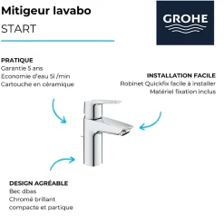 Mitigeur lavabo GROHE Quickfix Start 2021 avec tirette et vidage chromé taille S
