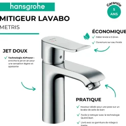 Mitigeur lavabo HANSGROHE Metris 110 CoolStart avec tirette et vidage chromé
