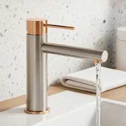 Mitigeur lavabo haut façon inox et or rose Essebagno Envol