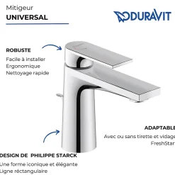 Mitigeur lavabo taille S DURAVIT Tulum Freshstart chromé sans tirette ni vidage