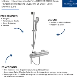 Mitigeur mécanique douche VILLEROY ET BOCH Dawn Chrome + Ensemble de douche VILLEROY ET BOCH Verve Showers 3 jets