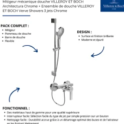 Mitigeur mécanique douche VILLEROY ET BOCH Architectura Chrome + Ensemble de douche VILLEROY ET BOCH Verve Showers 3 jets Chrome