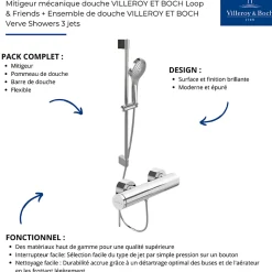 Mitigeur mécanique douche VILLEROY ET BOCH Loop & Friends Chrome + Ensemble de douche VILLEROY ET BOCH Verve Showers 3 jets Chrome