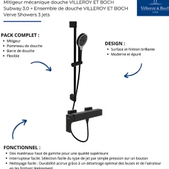 Mitigeur mécanique douche VILLEROY ET BOCH Subway 3.0 Chrome + Ensemble de douche VILLEROY ET BOCH Verve Showers 3 jets Noir mat