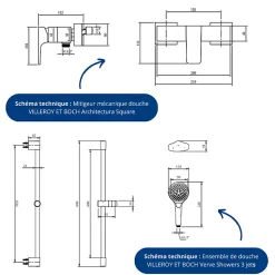 Mitigeur mécanique douche VILLEROY ET BOCH Architectura Square + Ensemble de douche Verve Showers 3 jets Or brossé