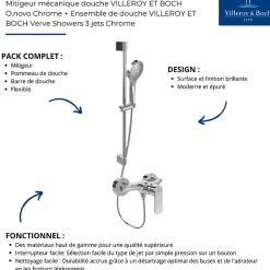 Mitigeur mécanique douche VILLEROY ET BOCH O.novo Chrome + Ensemble de douche VILLEROY ET BOCH Verve Showers 3 jets Chrome