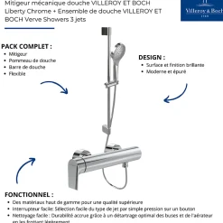 Mitigeur mécanique douche VILLEROY ET BOCH Liberty Chrome + Ensemble de douche VILLEROY ET BOCH Verve Showers 3 jets Chrome