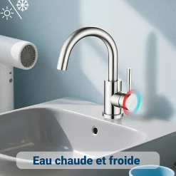 Mitigeur pivotant 360, argent, acier inoxydable, eau chaude/froide, facile à installer, lavabo, petite cuisine, bain/cuisine