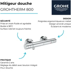 Mitigeur thermostatique douche GROHE Grohtherm 800 chromé avec filtres intégrés