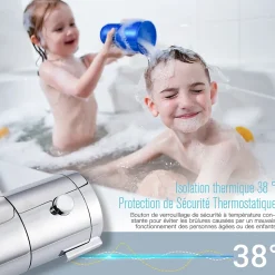 Mitigeur Thermostatique Douche en Laiton Massif Chromé Mural avec Bouton de Sécurité
