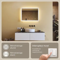 Mural Miroir LED 80x60 Miroir Salle de Bain avec tactile et 3 temperatures de Couleur