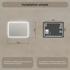 Mural Miroir LED 80x60 Miroir Salle de Bain avec tactile et 3 temperatures de Couleur