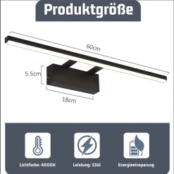 NETTLIFE Lampe à miroir LED noire 60CM Moderne 4000K Salle de bain Lampe à miroir murale