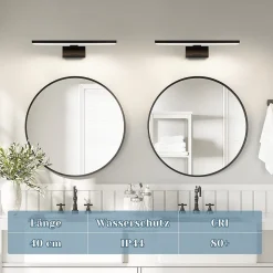 NETTLIFE Lampe Miroir LED IP44 8W 40cm Blanc Neutre 4000K Salle de Bain Noire