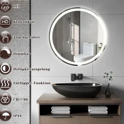 NETTLIFE Miroir lumineux salle de bain - Rond 50 cm LED, mural, interrupteur tactile, antibuée, IP44, réglable 3000K-6500K