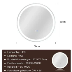 NETTLIFE Miroir lumineux salle de bain - Rond 50 cm LED, mural, interrupteur tactile, antibuée, IP44, réglable 3000K-6500K