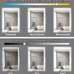 NETTLIFE Miroir lumineux salle de bain - 50x70 cm LED, mural, IP44, interrupteur tactile, horloge, antibuée, réglable