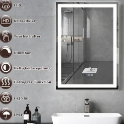 NETTLIFE Miroir lumineux salle de bain - 50x70 cm LED, mural, IP44, interrupteur tactile, horloge, antibuée, réglable