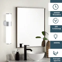NETTLIFE 6W 30CM LED Salle de Bain IP44 Blanc Neutre 4000K Lampe Miroir Chrome Moderne