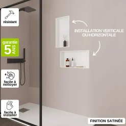 Niche de Douche Blanc Satiné - 30x60 cm - Rangement Mural Salle de Bain - NOOK