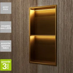 Niche de Douche Mural Éclairage Led 33 x 63 cm - Rangement Salle de Bain en finition Or Brossé - MARSHALL