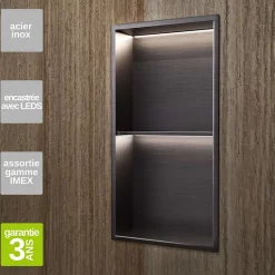 Niche de Douche Mural Éclairage Led 33 x 63 cm - Rangement Salle de Bain en finition Noir Métal - MARSHALL