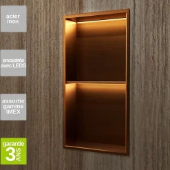 Niche de Douche Mural Éclairage Led 33 x 63 cm - Rangement Salle de Bain en finition Cuivré - MARSHALL