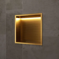 Niche de Douche Mural Éclairage Led 33 x 33 cm - Rangement Salle de Bain en finition Or Brossé - INDIC