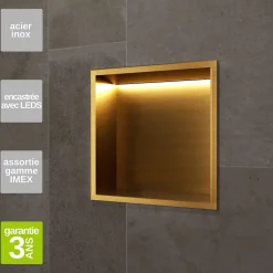 Niche de Douche Mural Éclairage Led 33 x 33 cm - Rangement Salle de Bain en finition Or Brossé - INDIC