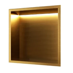 Niche de Douche Mural Éclairage Led 33 x 33 cm - Rangement Salle de Bain en finition Or Brossé - INDIC
