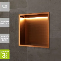 Niche de Douche Mural Éclairage Led 33 x 33 cm - Rangement Salle de Bain en finition Cuivré - INDIC