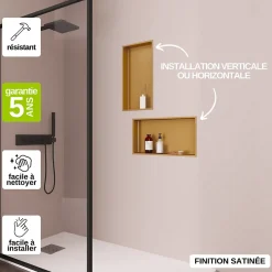 Niche de Douche Or Satiné - 30x60 cm - Rangement Mural Salle de Bain - NOOK