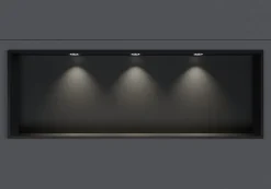 Niche murale douche acier inox + 3 Spots LED, étagère douche encastrable - 30x90x10cm (HxLxP) - Noir, 3x Spot Cadre Chrome