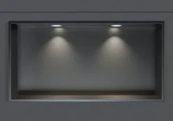 Niche murale douche acier inox + 2 Spots LED, étagère douche encastrable - 30x60x10cm (HxLxP) - Gun métal, 2x Spot Blanc mat