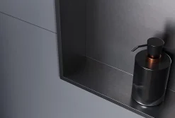Niche murale douche acier inox + Spot LED, étagère douche encastrable - 30x30x10cm (HxLxP) - Gun métal, 1x Spot Blanc mat