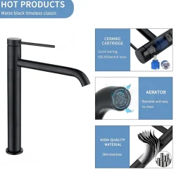 Noir Mitigeur de Lavabo Robinet Salle de Bain Haut Robinet pour Vasque Bec Pivotant en Inox SS304 pour Salle de Bain