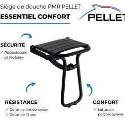 Pack avec siège de douche PMR PELLET escamotable noir mat + 2 barres d'appui 42,5 cm