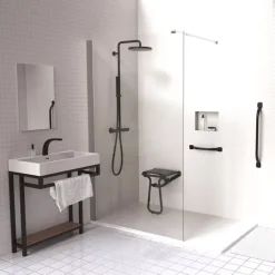 Pack avec siège de douche PMR PELLET escamotable noir mat + 2 barres d'appui 42,5 cm