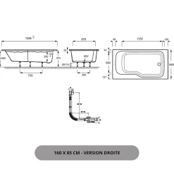 Pack baignoire bain douche 160 x 85 JACOB DELAFON Malice version droite blanc mat + tablier en angle + pare bain + étagère