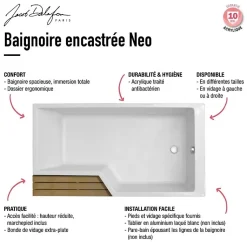 Pack baignoire bain douche 180 x 90 JACOB DELAFON Neo version droite + pare bain noir mat + tablier de baignoire en angle