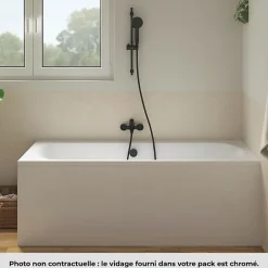 Pack baignoire droite 170 x 75 JACOB DELAFON Elise + tablier niche + pommeau et mitigeur bain noir mat Aimé + vidage