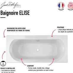 Pack baignoire droite 170 x 75 JACOB DELAFON Elise + mitigeur bain douche chromé + vidage